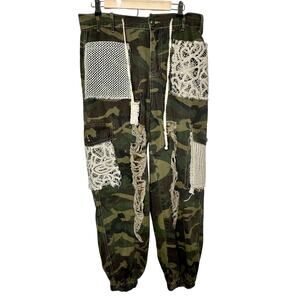 POL Boho Camo Distressed Crochet Patches Jogger Pants Medium